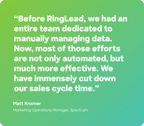 Customer data cleanse quote: "Before RingLead we had an entire team dedicated to manually managing data. Now most of those efforts are not only automated, but much more effective. We have immensely cut down our sales cycle time.